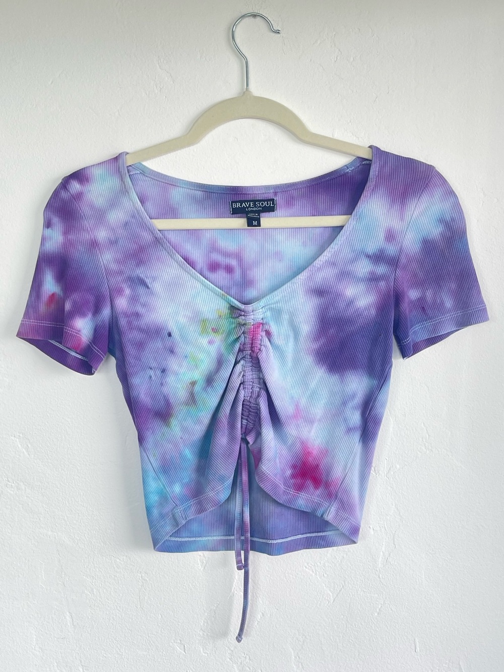 Brave Soul Purple Hand Tie-Dyed Ruched Front Crop Top